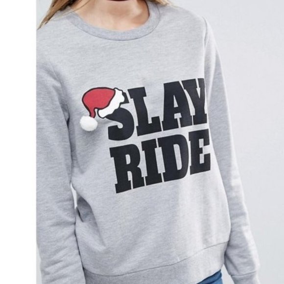 ASOS Crewneck SLAY RIDE Santa Hat Holiday Festive Gray Graphic Sweatshirt Top - Picture 5 of 11